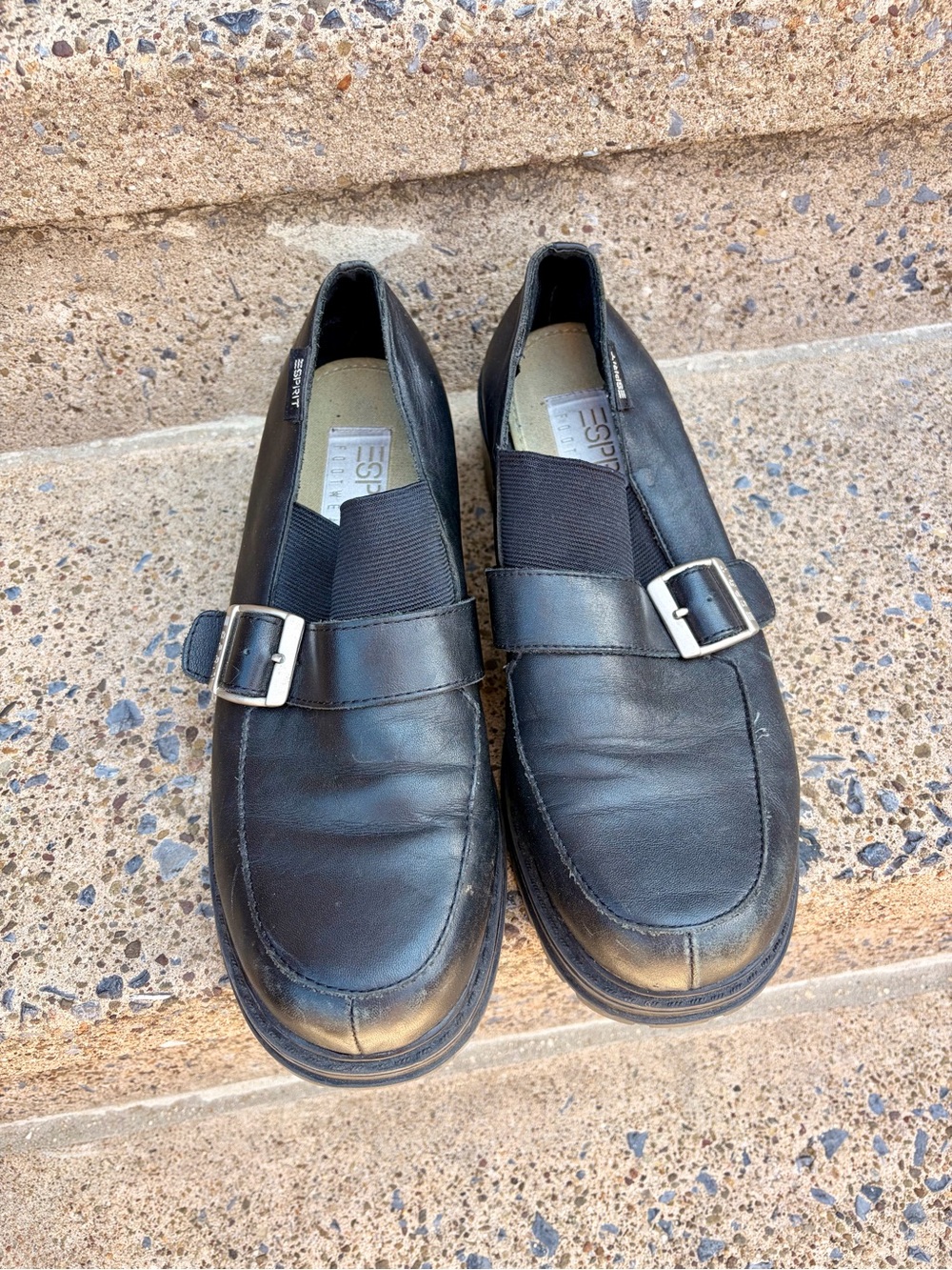 Vintage 90’s black leather chunky heeled loafers with silver buckle detail